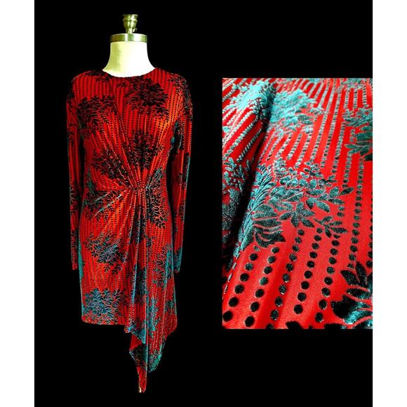 Zara Red Iridescent Teal Velvet Draped Long Sleeve Mini Dress Size M Womens NWT - Picture 2 of 10